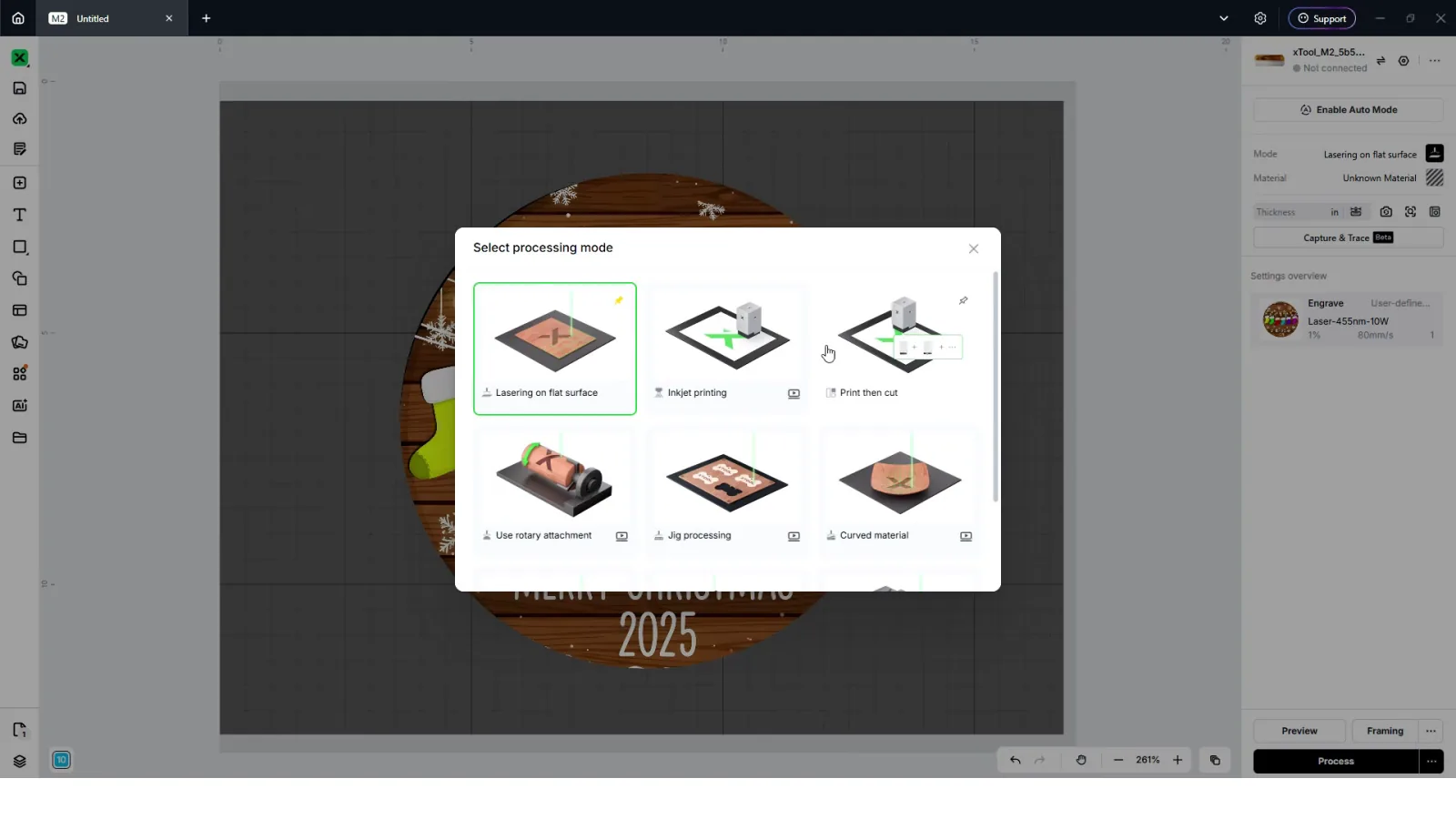 xTool Studio processing mode menu with the Print then Cut option for the xTool M2