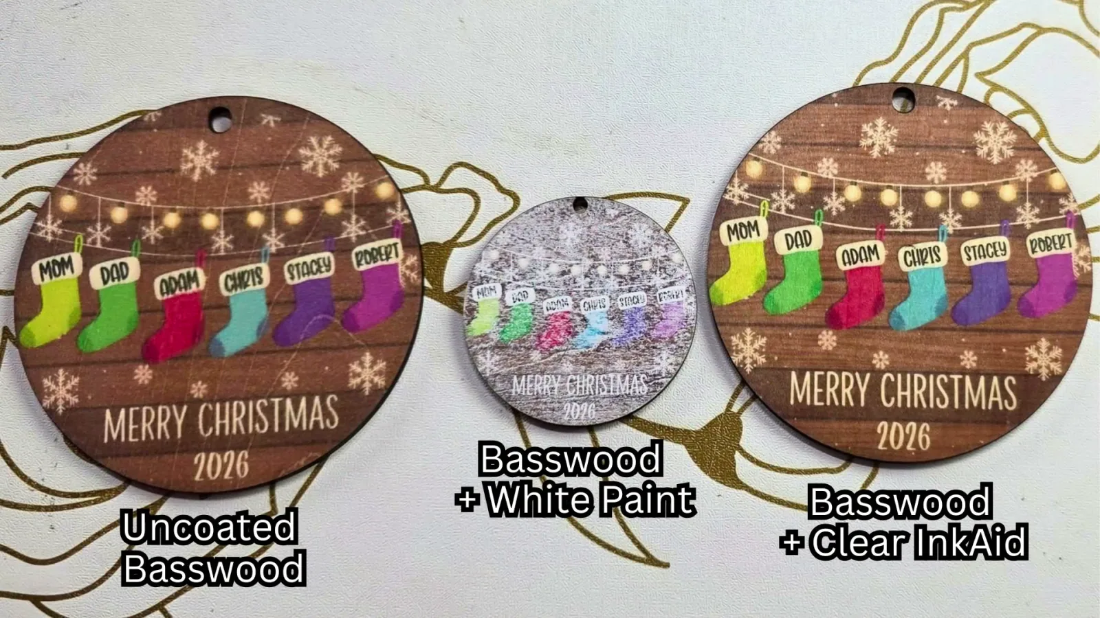 Three xTool M2 ornament prints compared: uncoated basswood, basswood with white paint and basswood with clear inkAID