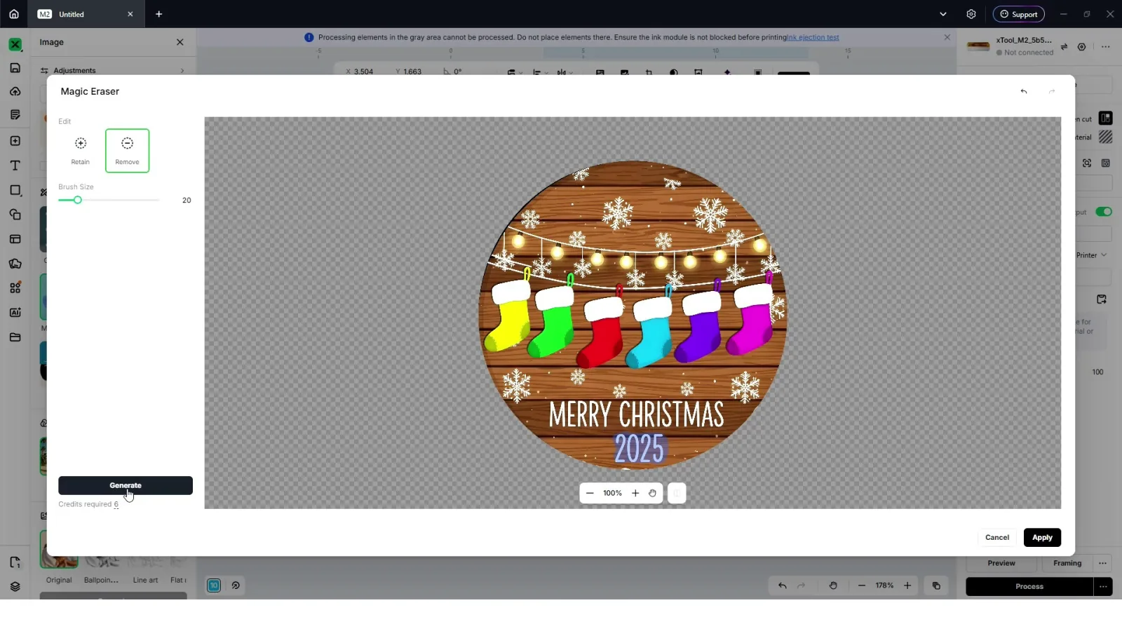 xTool Studio Magic Eraser tool being used to remove the old year from a family Christmas ornament design